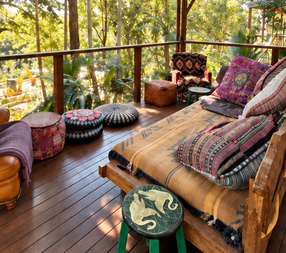 A covered deck with a daybed, woven cushions and floor poufs, looking out into the trees