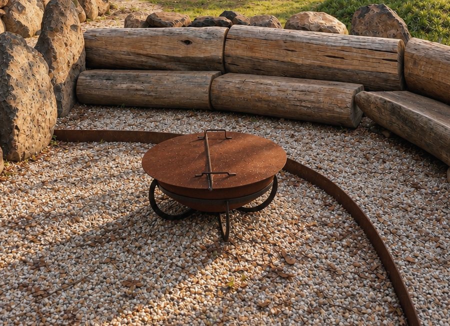 A rusted steel firepit on gravel, ringed by log benches and boulders