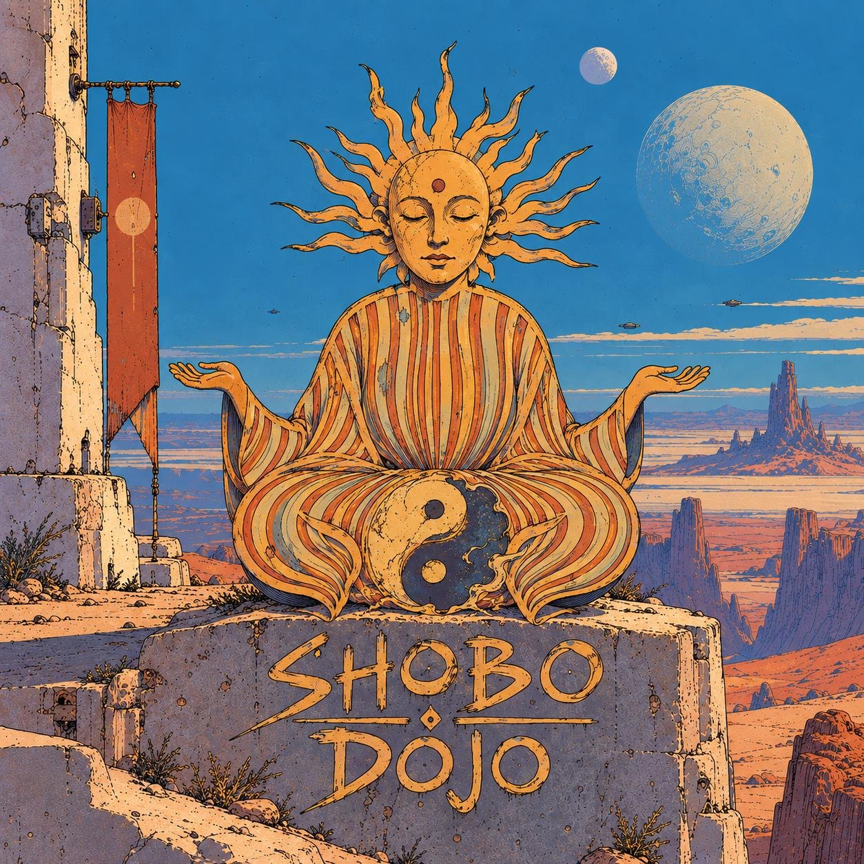 The Shobo guardian: a sun-headed figure in striped robes, seated in meditation on a carved stone that reads Shobo Dojo, under two moons and a blue desert sky