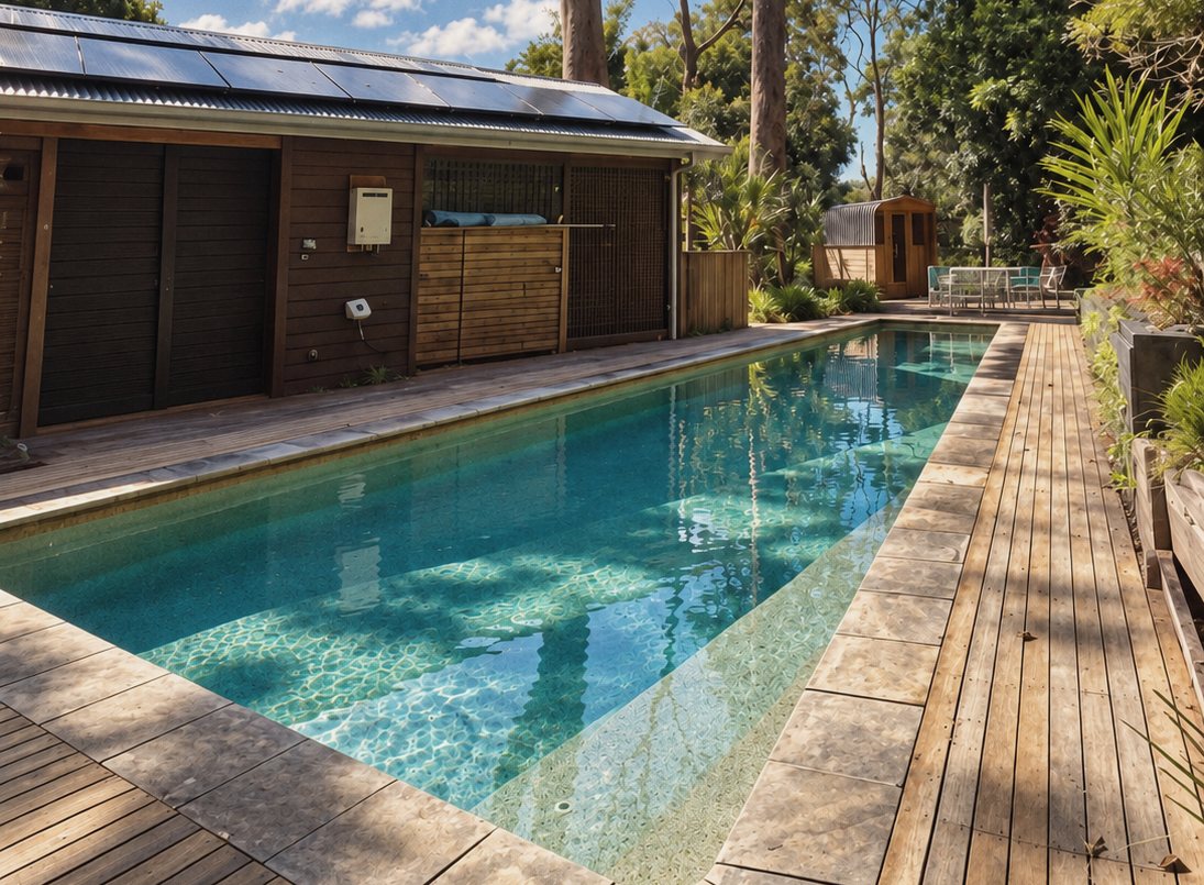 A long pool beside timber decking, with tall gums and a small timber sauna at the far end