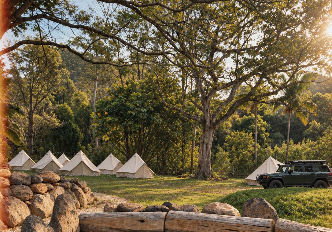 Bell tents in the grass beneath a big shade tree, with log seating in the foreground and the hills behind