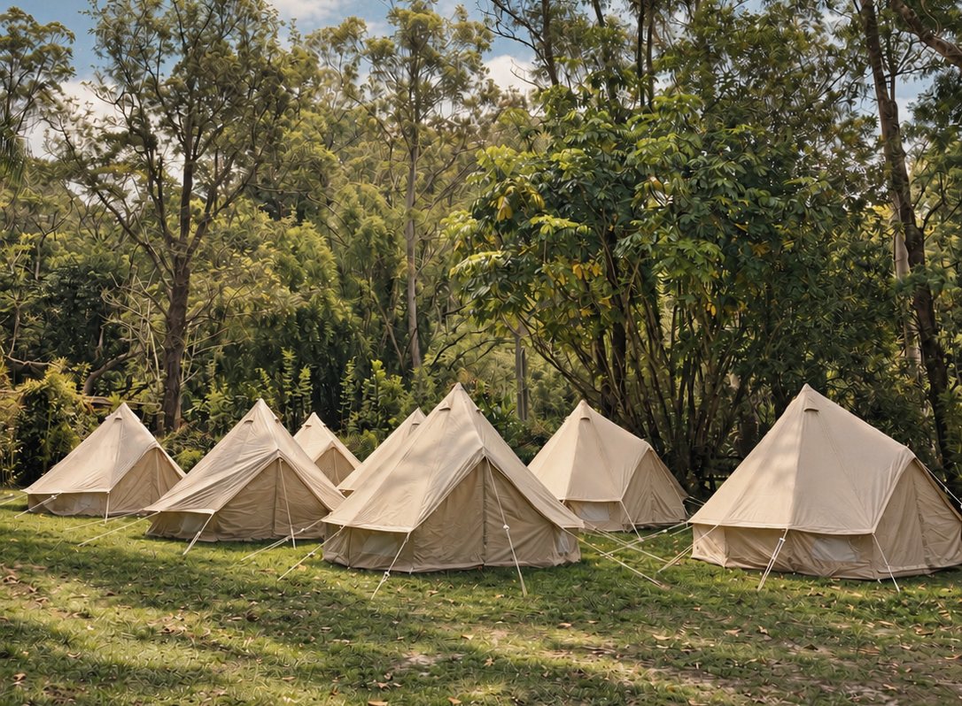 A row of cream bell tents pitched on the grass beneath tall trees