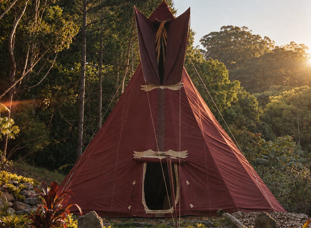 The deep red tipi at sunset, framed by trees, with a timber step between two standing stones